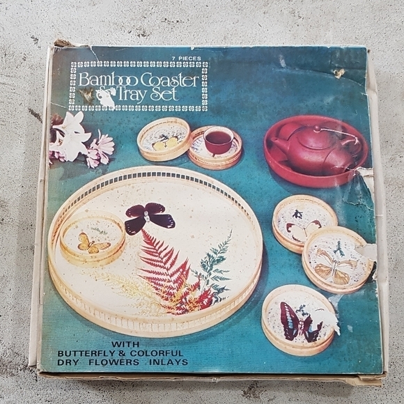 1970s Pressed Butterfly Bamboo Coaster & Tray Set - Picture 4 of 11